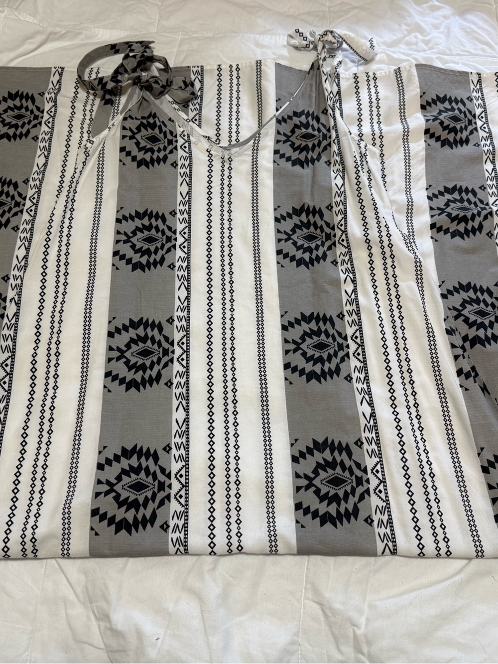 Bindu Geometric Boho Maxi Dress Tie Shoulder Black Gray Size L